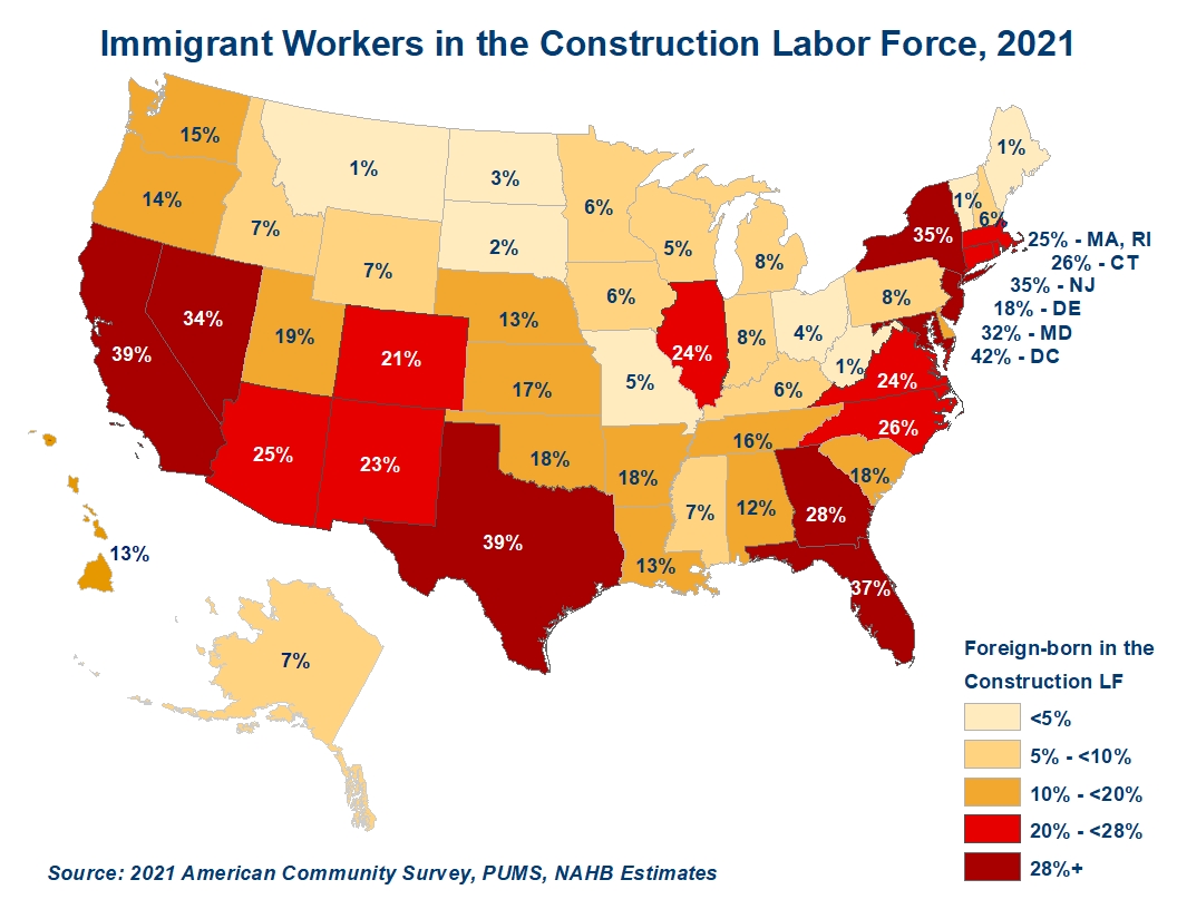 States and Construction Trades Most Reliant on Immigrant Workers, 2021