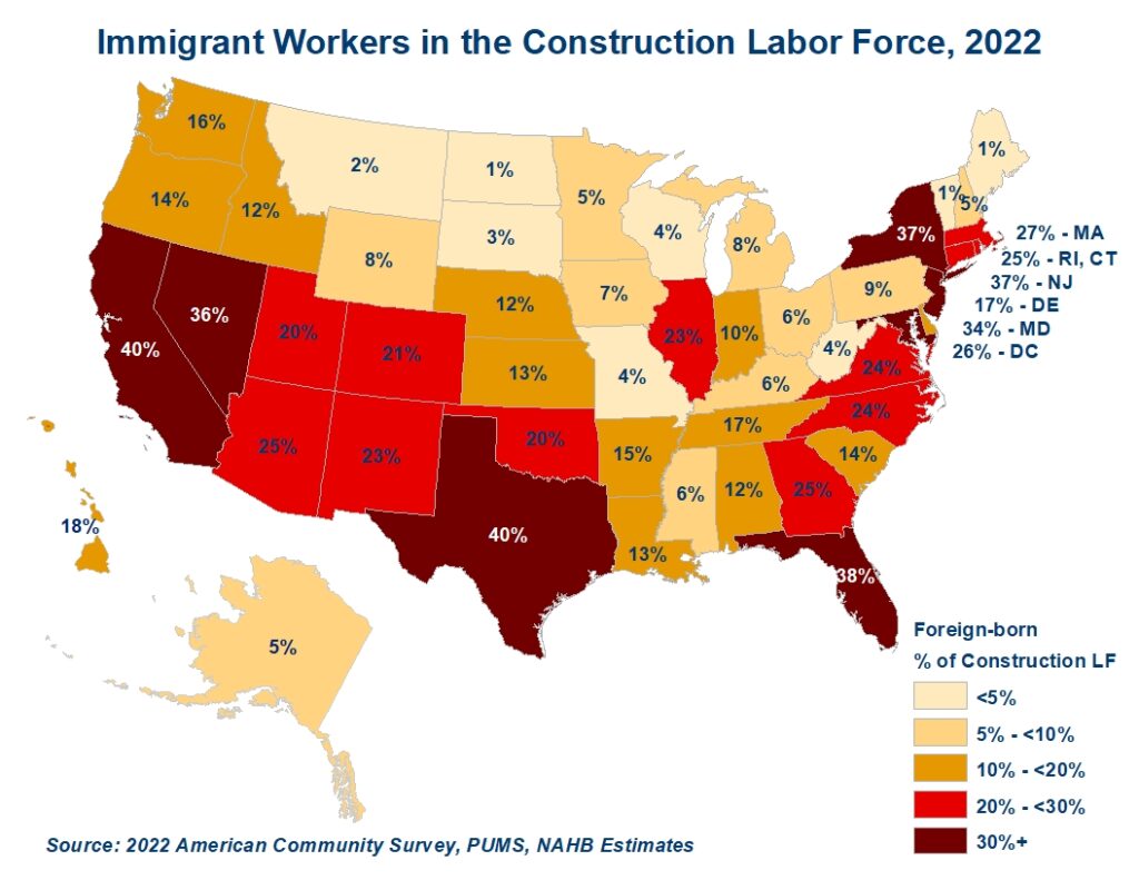 States and Construction Trades Most Reliant on Immigrant Workers, 2022